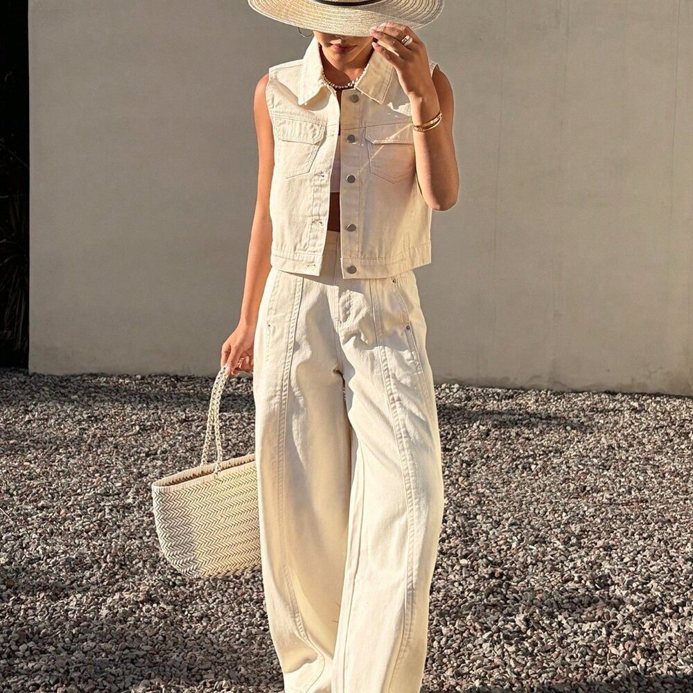 Apricot Casual Women's Denim Collared Sleeveless Top & Pants